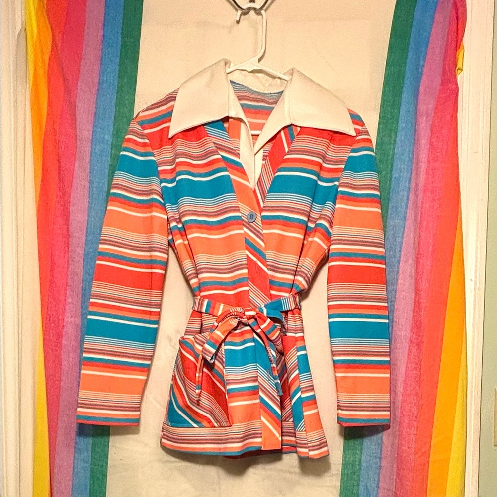 Vintage 70s Coral, Pink, and Blue Striped Blazer with Belt
